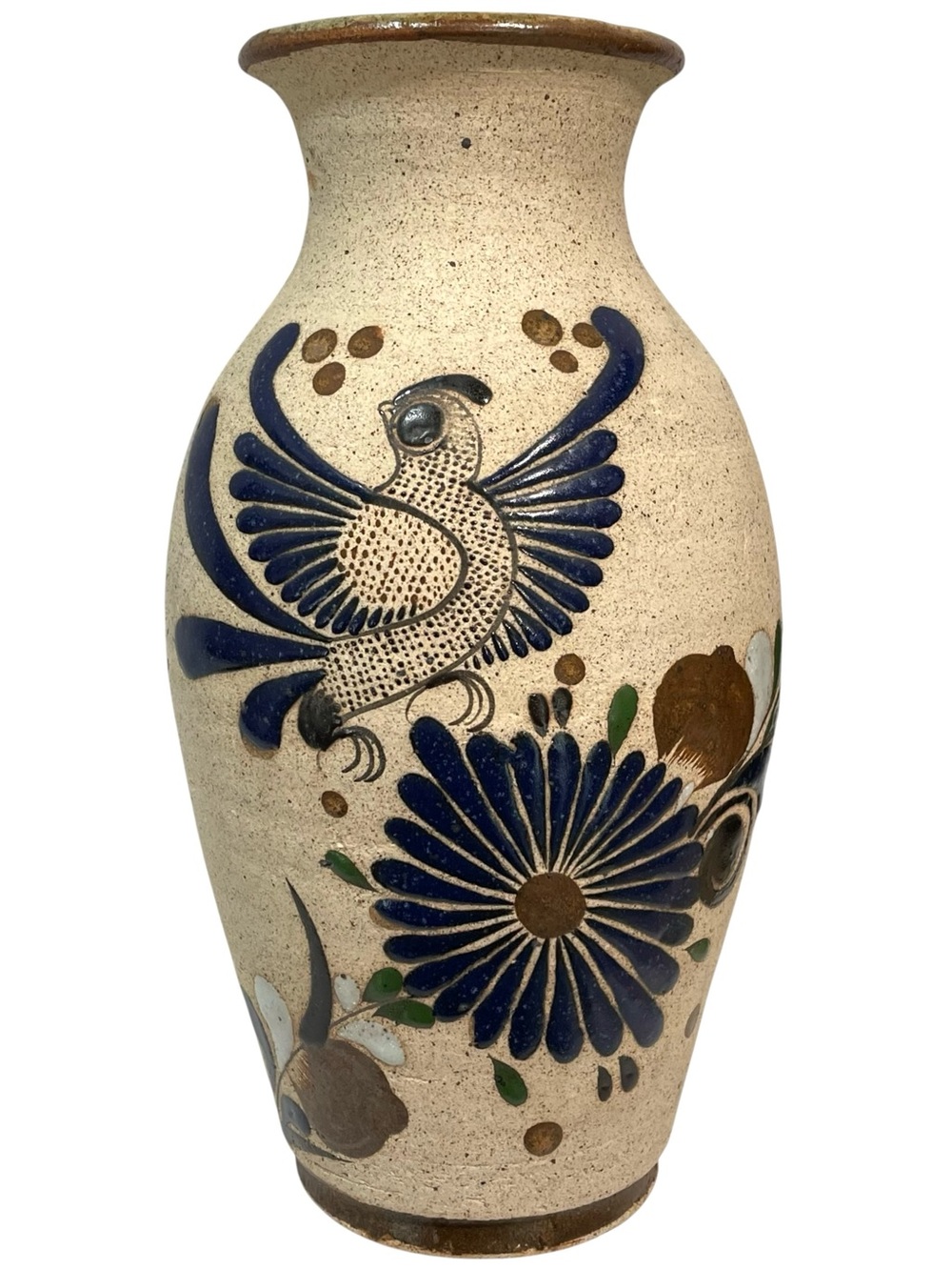 Vintage 1970s J. Mora Mexican Tonala Vase Signed - Floral & Bird Pattern